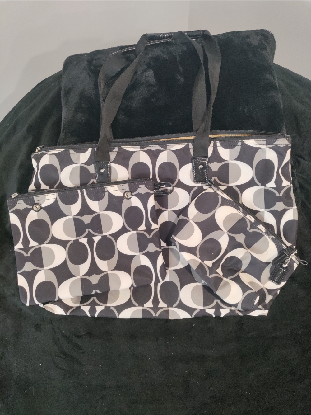 Coach Y2K Signature Weekender Travel Tote 3-Piece Set Black Gray Ivory